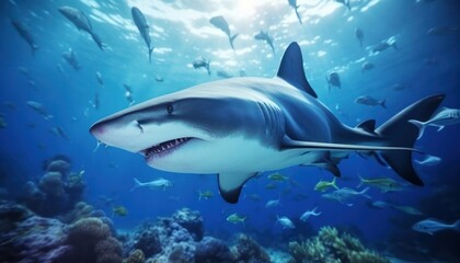 Fototapeta premium The great White Shark in the ocean, portrait of White shark hunting prey in the underwater