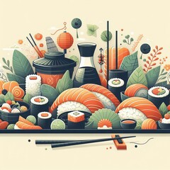 Color template for sushi business design. Flat style concept