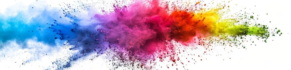 Vibrant explosion of multicolored powder captured mid-air against a clean white background, illustrating concepts of creativity, celebration, and dynamic motion with a spectrum of hues