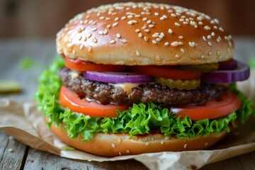 Juicy American burger food meat. Fries gourmet. Generate Ai