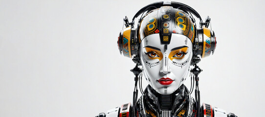 Humanoid robot with female face with ethnic ornaments on face and head on white background. AI generative.