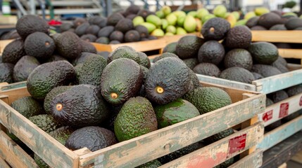 Assorted fresh fruits including ripe avocados in wooden crates at local market warehouse