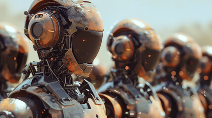 Robot army soldier in line with orange metal casing and oxidized electronic components. Cinematic scene of future war