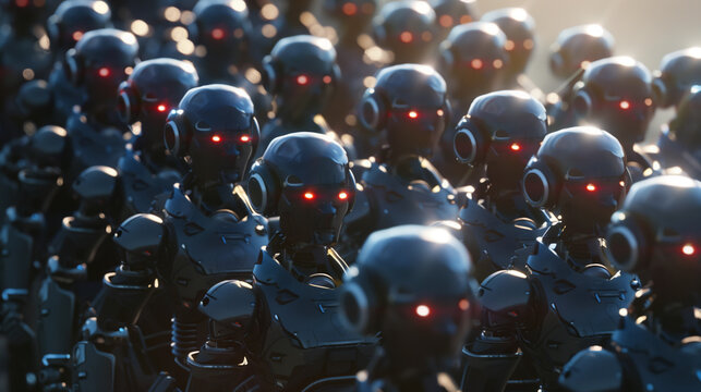 Futuristic robot army soldiers with artificial intelligence marching, with black metallic casing, clean and shiny, and bright red eyes. Cinematic scene from above.