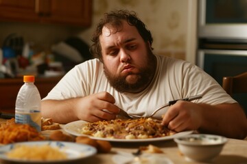 Hungry Big fat man eating dinner. Obese guy enjoys delicious meal. Generate AI