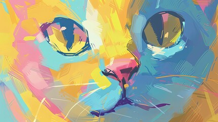 Fototapeta premium Painting featuring a close-up of a cat's face. Illustration for cover, card, postcard, interior design, poster, brochure or presentation.