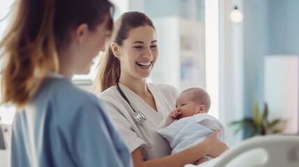 Fototapeta premium Nurse and doctor holding a newborn baby and checking his health in the maternity ward of the hospital.