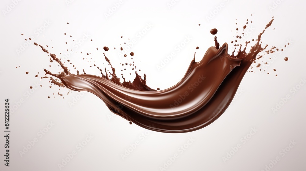 Poster Alluring high-resolution image capturing a seamless chocolate splash against a white background, perfect for showcasing the fluidity and richness of cocoa. Ideal for culinary and design applications