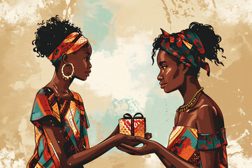 A gift exchange between mother and daughter with wrapped present held in hands, capturing the expressions of joy and gratitude Holiday celebration concept.
