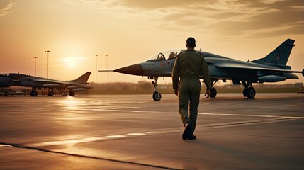 Naklejka premium A man walks down the runway of a military airbase toward a fighter jet. Military prepares for combat flight. Army and air armed forces. Sunset. Illustration of varied design.