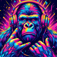 Digital art vibrant colorful cool gorilla wearing headphones vibin to music