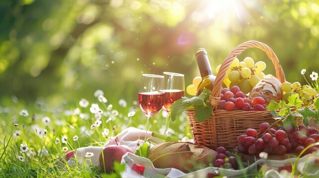 A picnic basket filled with wine fruits and bread set against a sunny backdrop of lush green grass