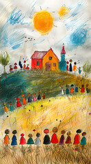 Artistic painting capturing a group of children standing in a field in front of a yellow church. The natural landscape and architecture blend beautifully in this Ecoregion scene