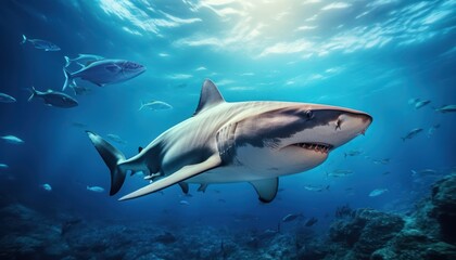 Fototapeta premium The great White Shark in the ocean, portrait of White shark hunting prey in the underwater