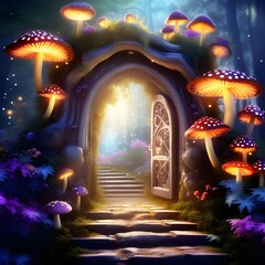 Fantasy enchanted fairy tale forest with magical opening secret door and mystical shine light outside the gate, mushrooms, and fairytale butterflies

