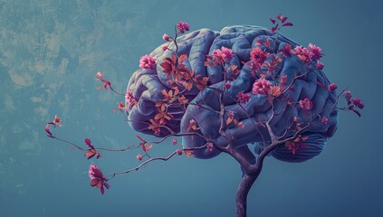 Brain with blooming tree with flowers