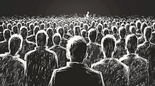 The black and white drawing shows a crowd of people and we can only see their backs. The concept of depersonalization of the masses, as all people are gray and stand densely in space. Illustration.