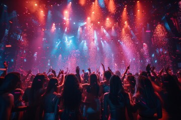 A bustling nightclub full of people with hands raised, confetti falling, and a vibrant light show