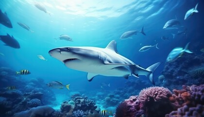Naklejka premium The great White Shark in the ocean, portrait of White shark hunting prey in the underwater