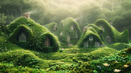 Naklejka premium A fairytale village in the forest with many miniature houses covered with moss. Fantasy landscape. Concept of unreal world. Illustration for cover, greeting card, interior design, decor or print.