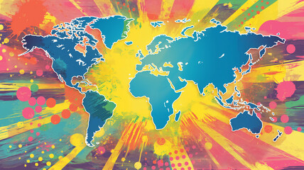 Pop art comic vintage map of the World poster. Colorful background in pop art retro comic style.