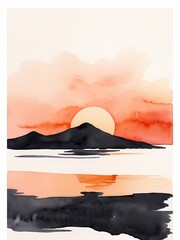 Minimalist Sunset Watercolor Painting Generative AI Illustration 