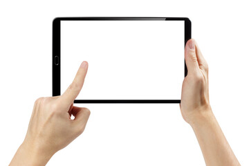 Hands using black tablet, cut out