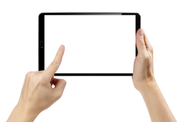 Hands using black tablet, cut out