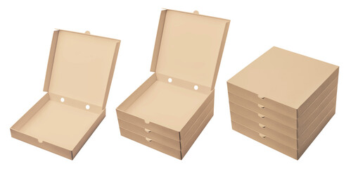 Set of brown carton pizza boxes, cut out