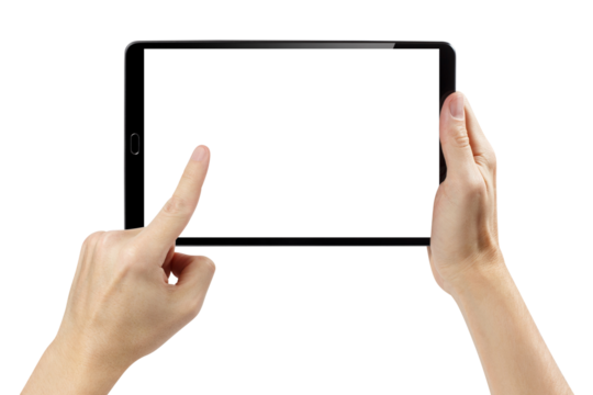 Hands using black tablet, cut out