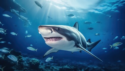 Fototapeta premium The great White Shark in the ocean, portrait of White shark hunting prey in the underwater