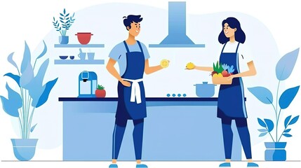 A couple is cooking in the kitchen. The man is holding a lemon and the woman is holding a basket of vegetables. They are both wearing aprons and look happy.