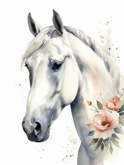 Floral White Horse Watercolor Painting Generative AI Illustration 