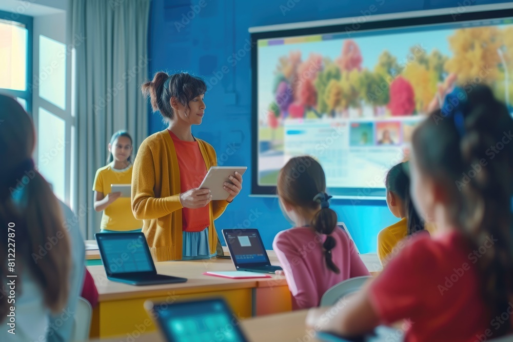 Poster portrait of teacher teaching about ai at digital classroom. multicultural elementary student learnin