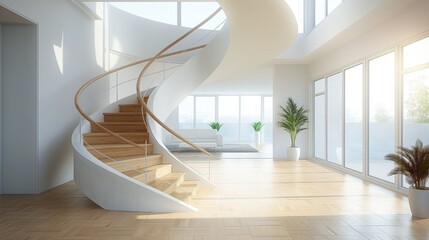 Obraz premium A contemporary living space showcasing a wood spiral staircase complemented by stylish railings