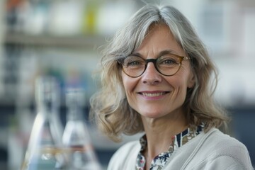 Fototapeta premium A joyful senior female scientist with glasses smiles brightly, reflecting knowledge and expertise in a laboratory setting