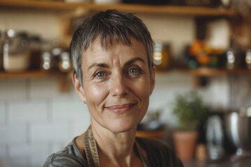 Fototapeta premium An engaging older woman with stylish short hair smiles subtly within the warm atmosphere of her kitchen