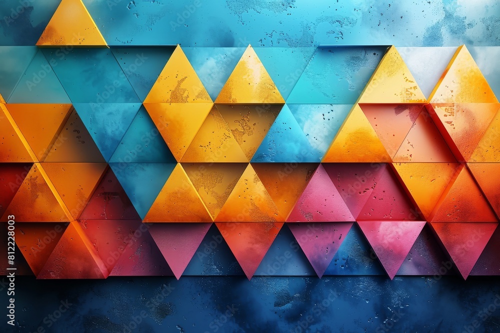 Poster a 3d-rendered wall of triangles in blue and orange hues with water droplets adding texture and depth