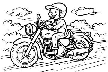 Naklejka premium A simple outline drawing of a cartoon motorcycle with a joyful rider, cruising down a winding road, providing a delightful coloring opportunity for young children.