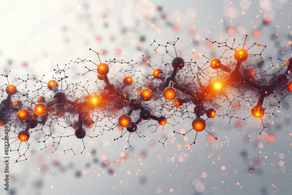 Poster this image features a dynamic orange molecular structure on a soft white background, symbolizing con