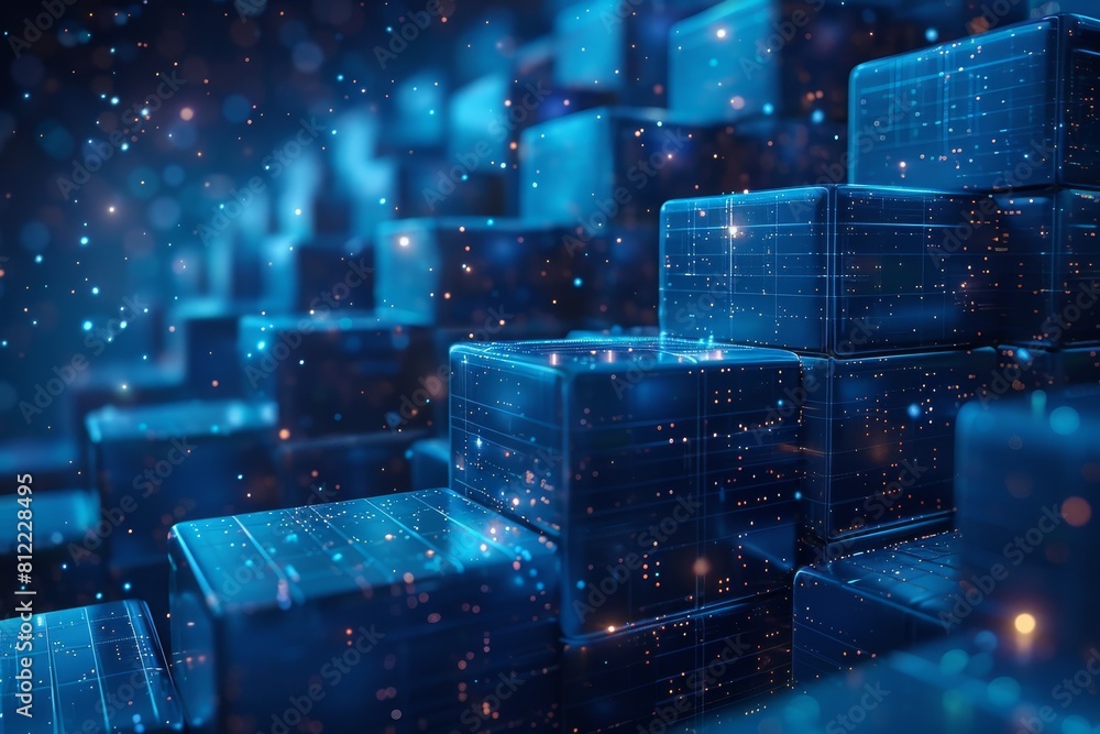 Poster this image depicts an array of blue abstract cubes rising and glowing within a digital space, creati