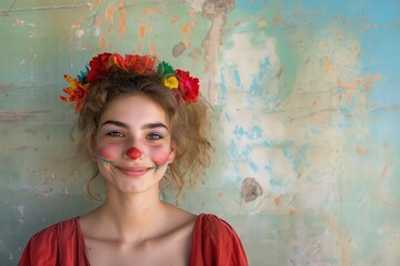 smiling beautiful young woman dressing as a clown looking at the camera