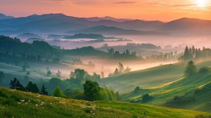 A captivating spring sunrise in the Carpathian mountains.