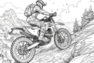 Naklejka premium A simple outline drawing of a cartoon motorcycle with a joyful rider, cruising down a winding road, providing a delightful coloring opportunity for young children.