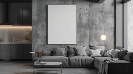 A stylish gray living room with modern furniture, a blank poster on a concrete wall, and a kitchen in the background