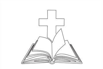 Continuous one line drawing silhouette of Bible. Bible linear icon. One line drawing background. Vector illustration. Line art of Bible