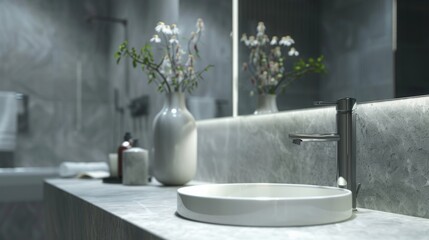 gray hotel modern bathroom interior with sink and mirror, vase on countertop