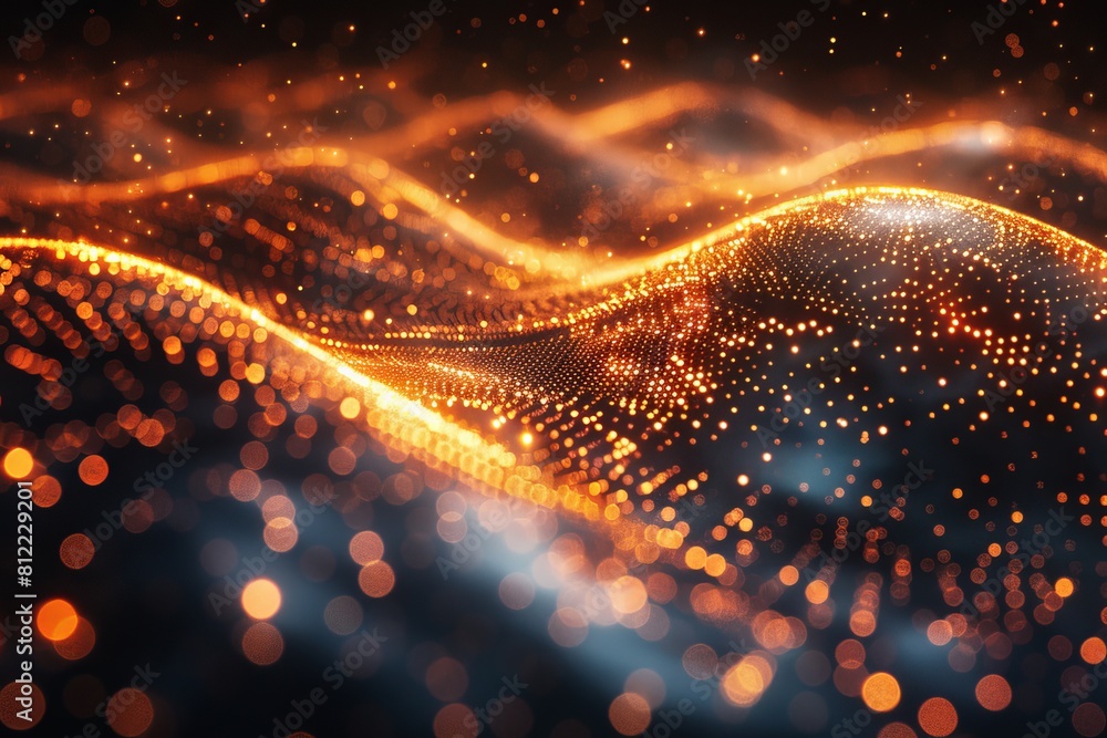 Poster an abstract digital art piece depicting a dynamic wave composed of glowing particles and light effec