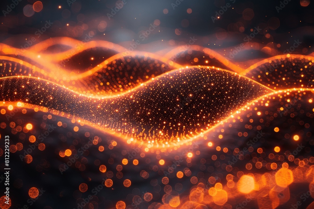 Poster an abstract image of a flowing particle wave with glowing orange dots on a black background