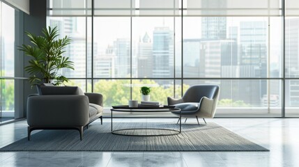 Fototapeta premium Stylish lobby gray interior with soft place and coffee table, panoramic window